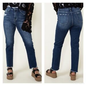 Mica Super High Rise Straight Jeans Dark Wash Raw Hem Distressed MDP-T1280 Sz 28